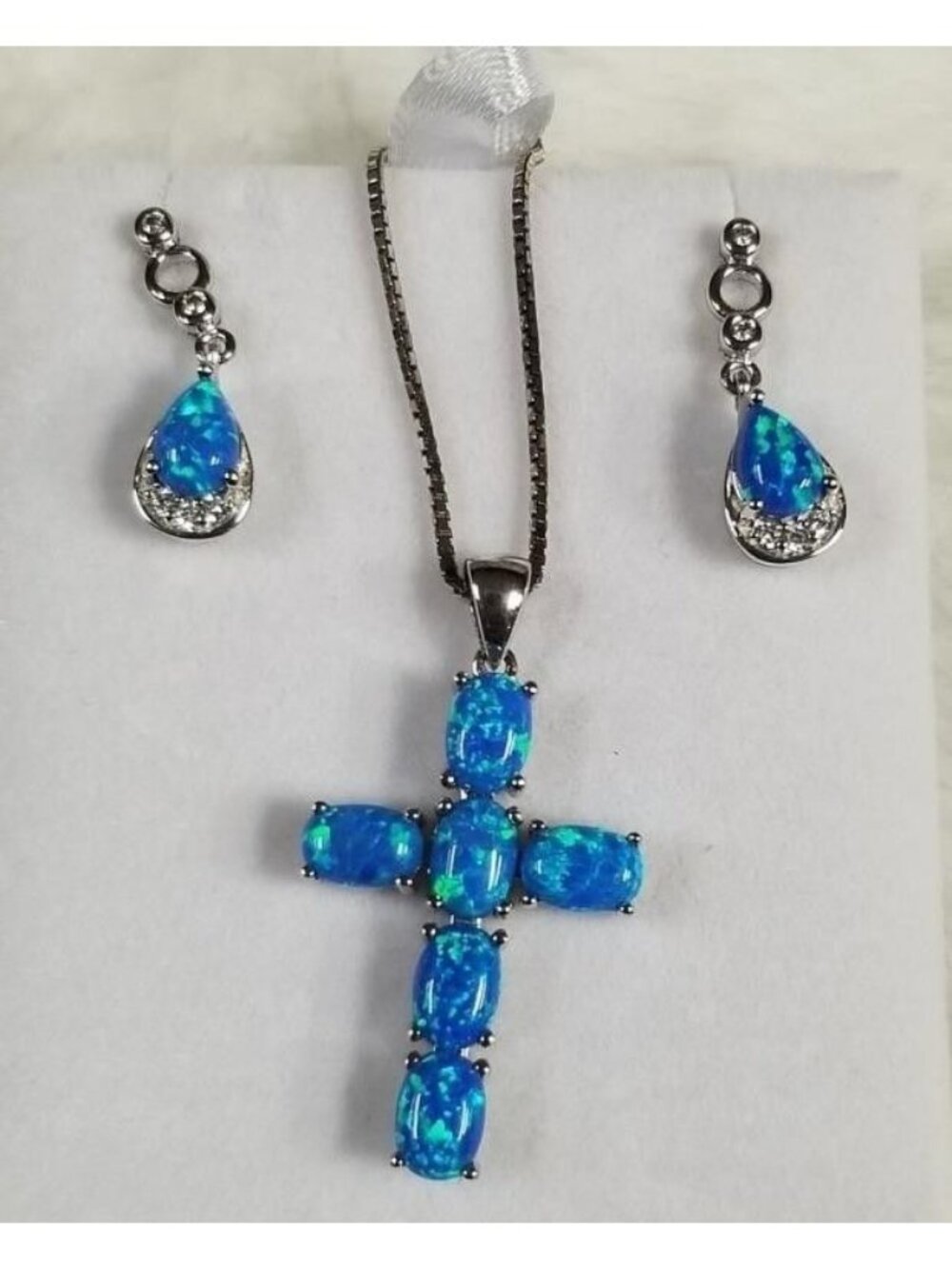 925 Sterling Silver Blue Opal Cross Pendant & Earring Set